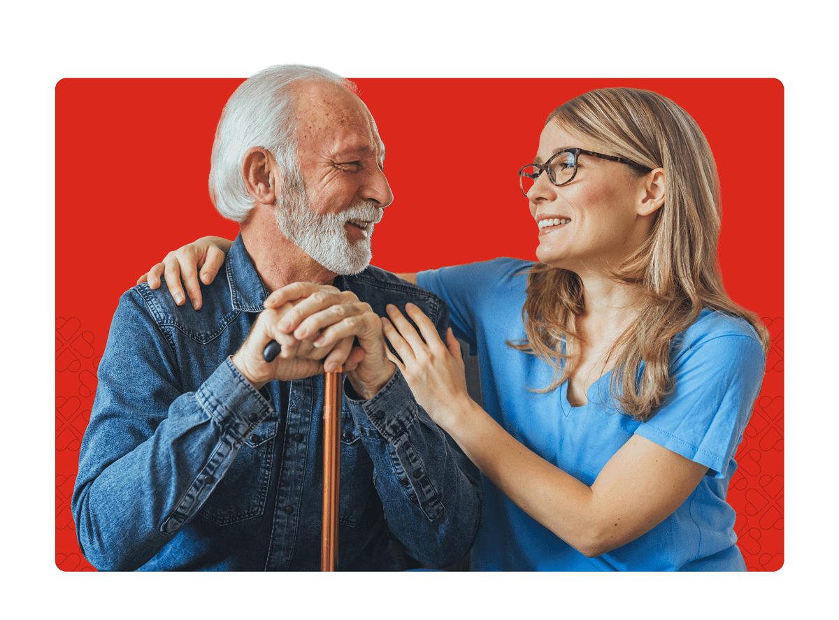 Caregiver with older gentlemen with cane